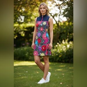 Kinona Golf Dress Large Italian Fabric 1/4 Zip Front Pockets Navy Floral